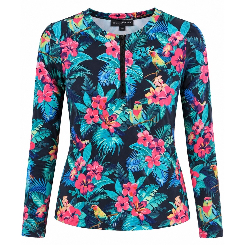Tommy Bahama Women's L Tropical Floral Parrot 1/4 Zip Rash Guard Swim Top
